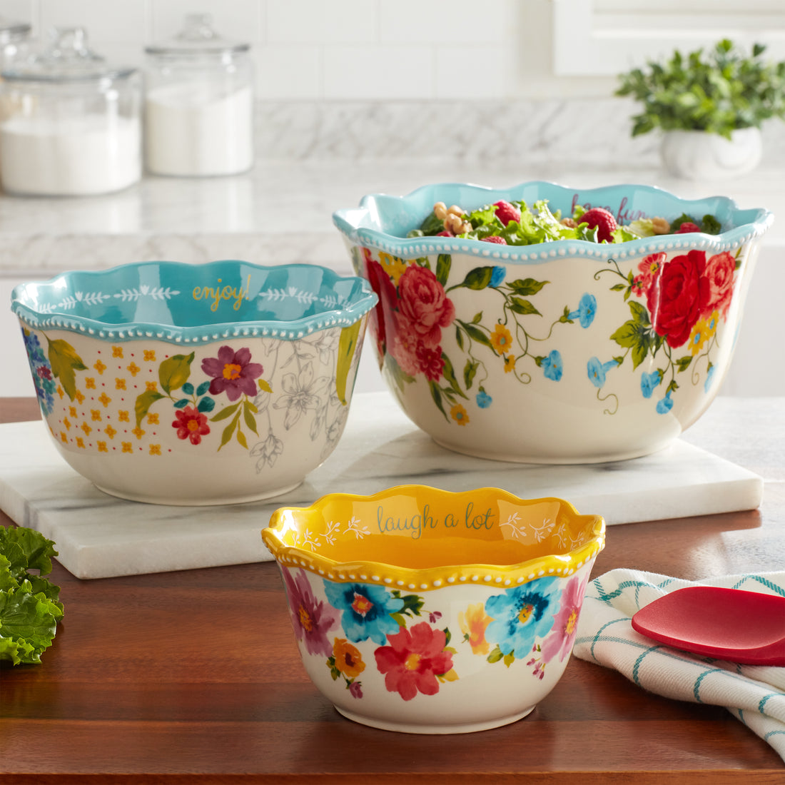 Set de 3 Bowls de Gres Floral Sweet Rose – Estilo Country Chic para Servir (25.4cm, 20.3cm y 15.2cm)