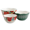 Set de 3 Bowls de Gres con Borde Ondulado The Pioneer Woman Vintage Floral – Diseño Floral y Geométrico (26.7, 22.9 y 19.7 cm)