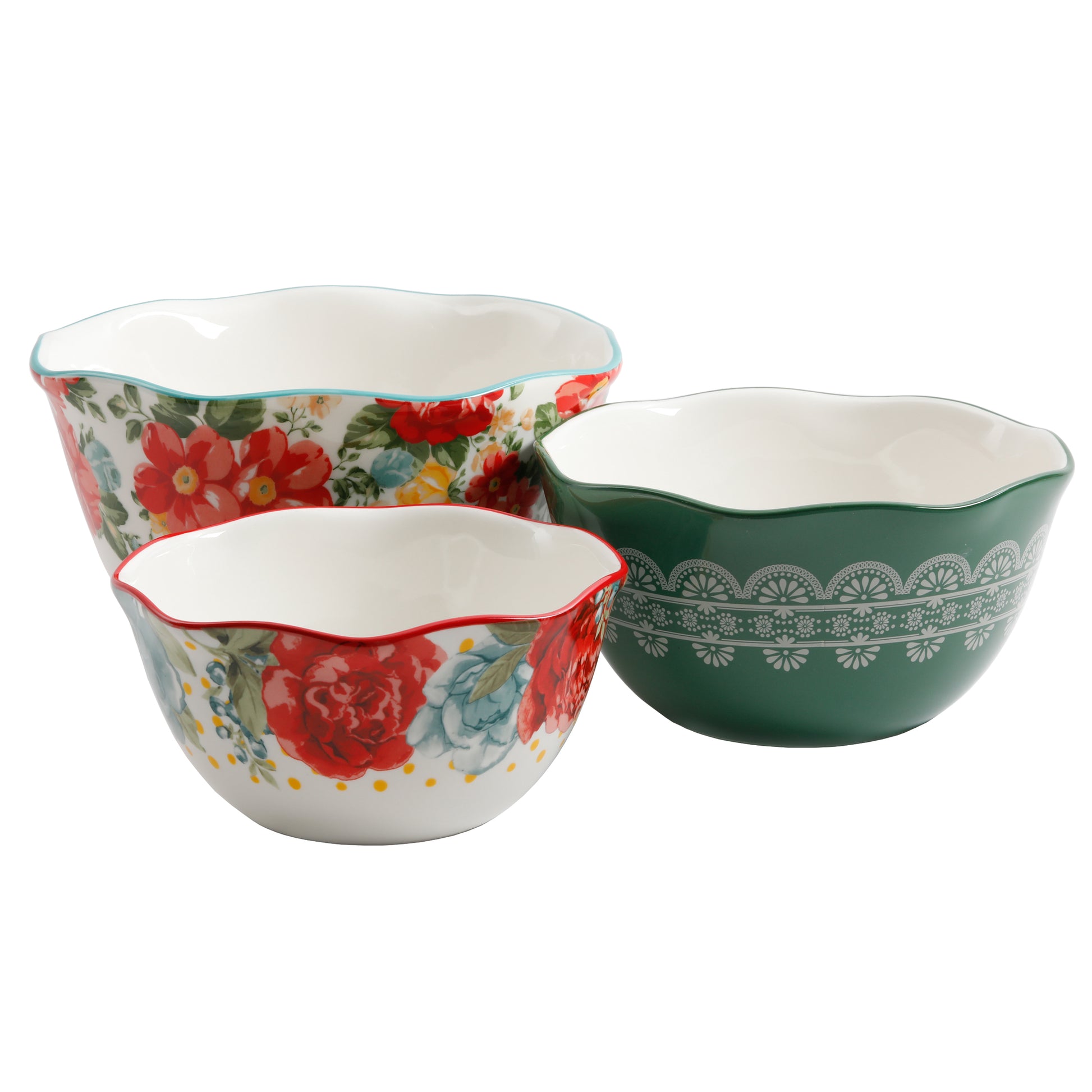 Set de 3 Bowls de Gres con Borde Ondulado The Pioneer Woman Vintage Floral – Diseño Floral y Geométrico (26.7, 22.9 y 19.7 cm)