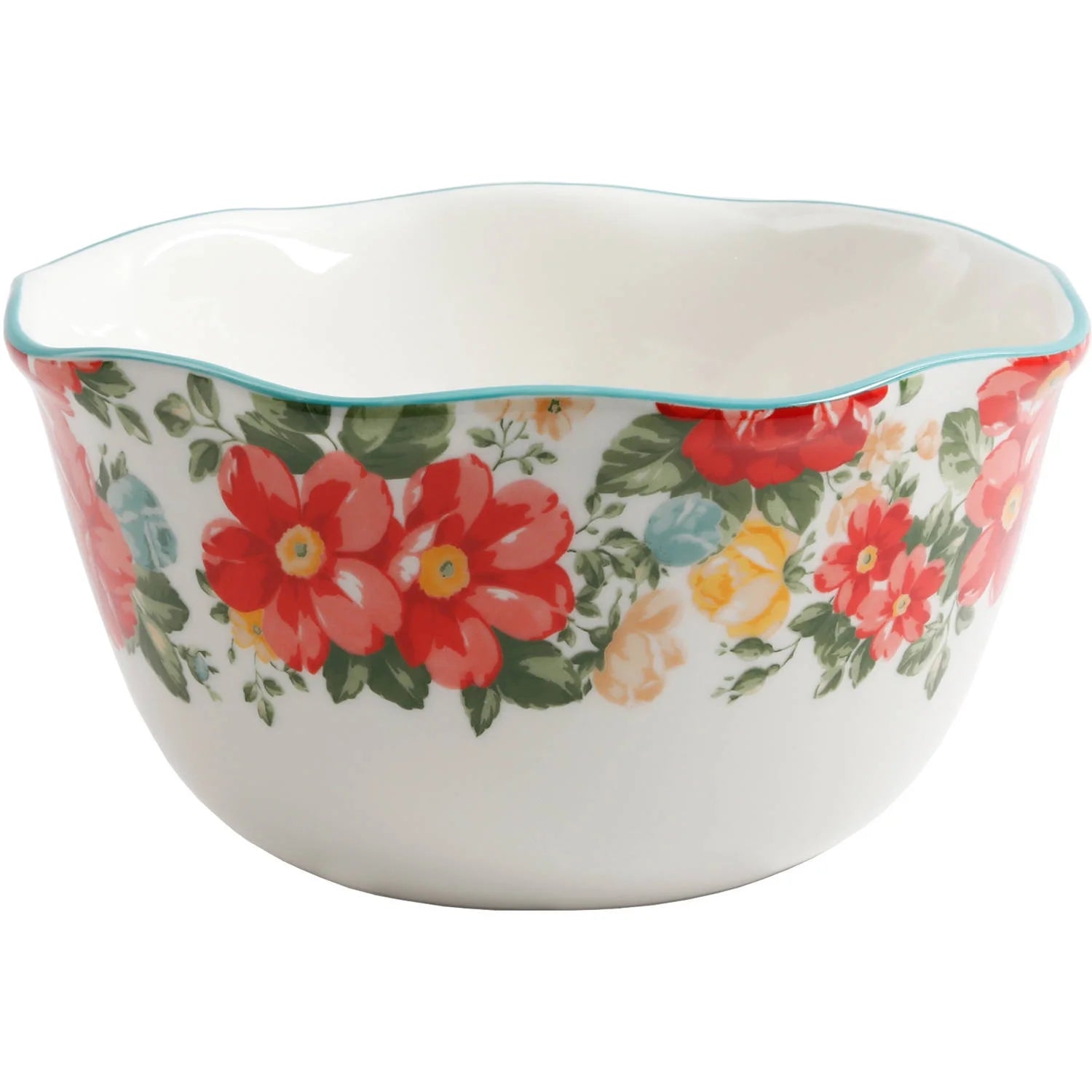Set de 3 Bowls de Gres con Borde Ondulado The Pioneer Woman Vintage Floral – Diseño Floral y Geométrico (26.7, 22.9 y 19.7 cm)