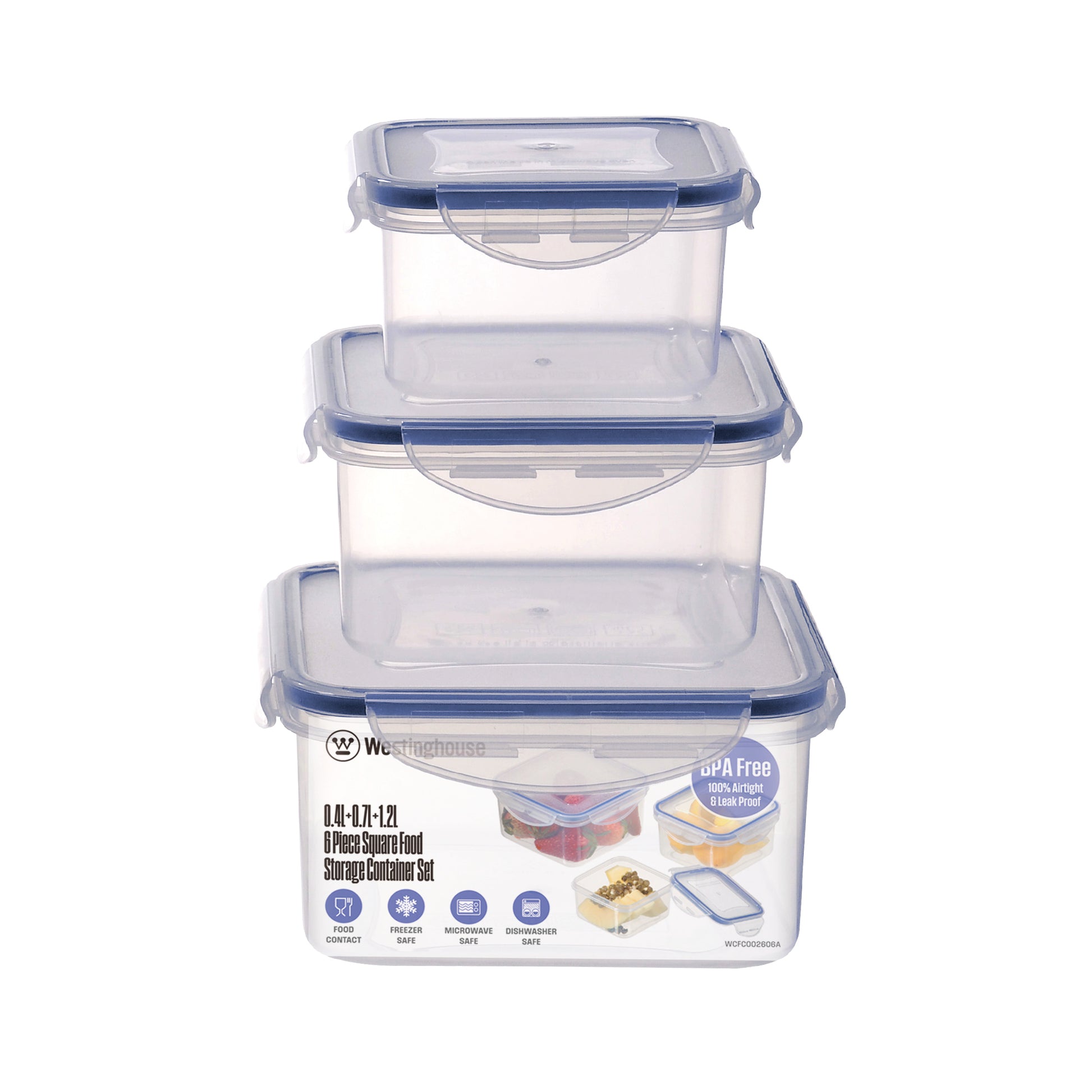 Set de 3 Tapers Cuadrados Herméticos – 0.4L, 0.7L, 1.2L - Apto Microondas y Freezer