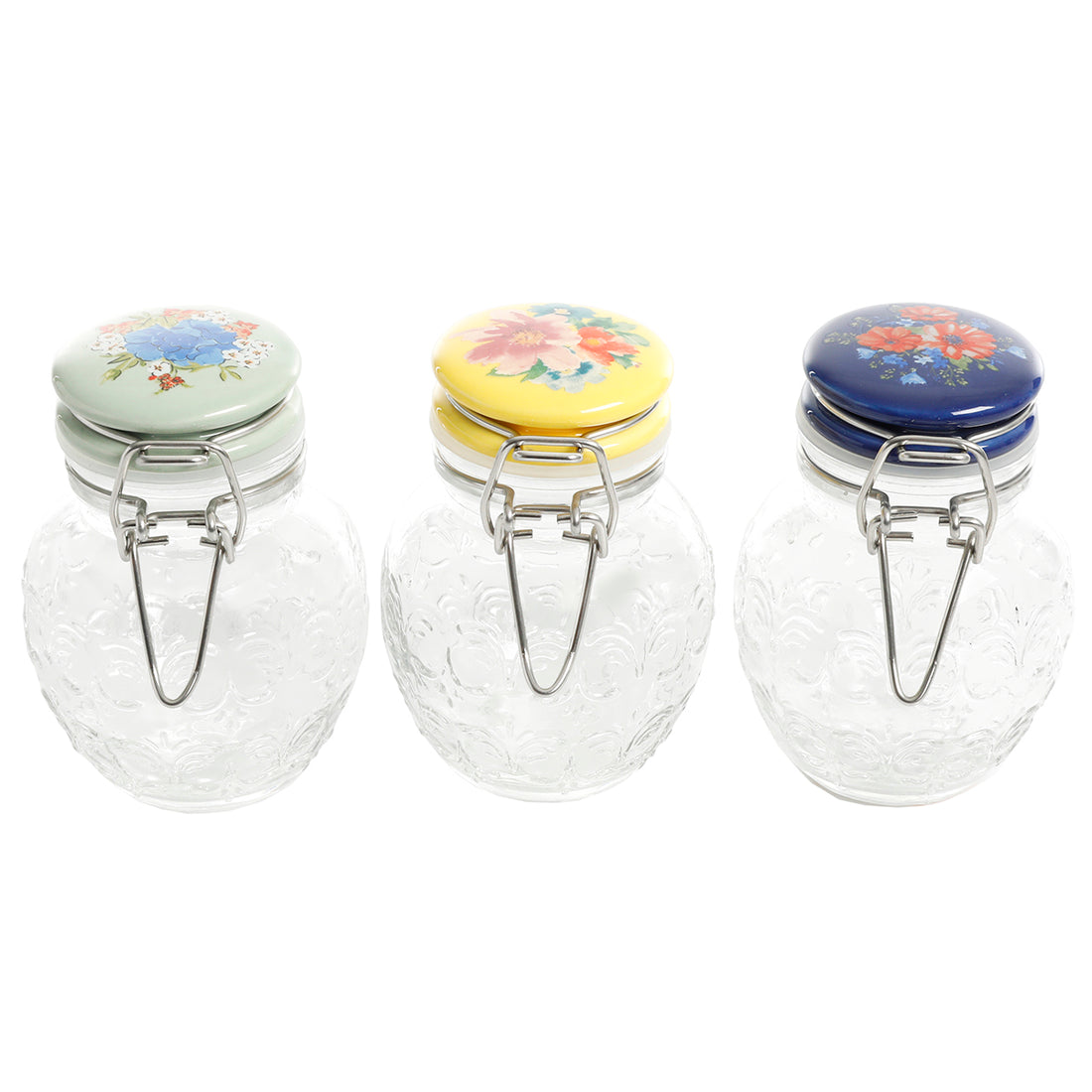 Set de 3 Tarros de Vidrio con Tapa de Cerámica Floral Medley – Cierre Metálico Vintage