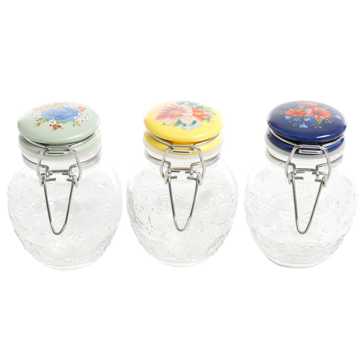 Set de 3 Tarros de Vidrio con Tapa de Cerámica Floral Medley – Cierre Metálico Vintage