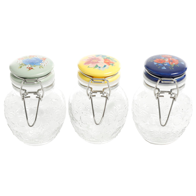 Set de 3 Tarros de Vidrio con Tapa de Cerámica Floral Medley – Cierre Metálico Vintage