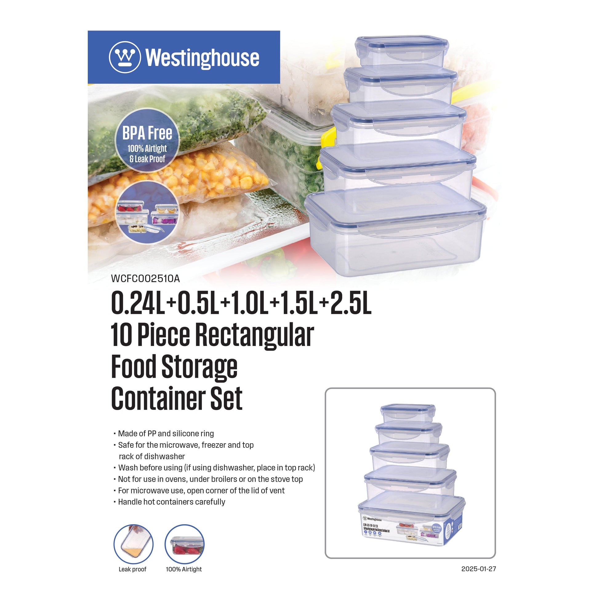 Set de 5 tapers Rectangulares Herméticos – 0.24L a 2.5L- Apto Microondas y Freezer