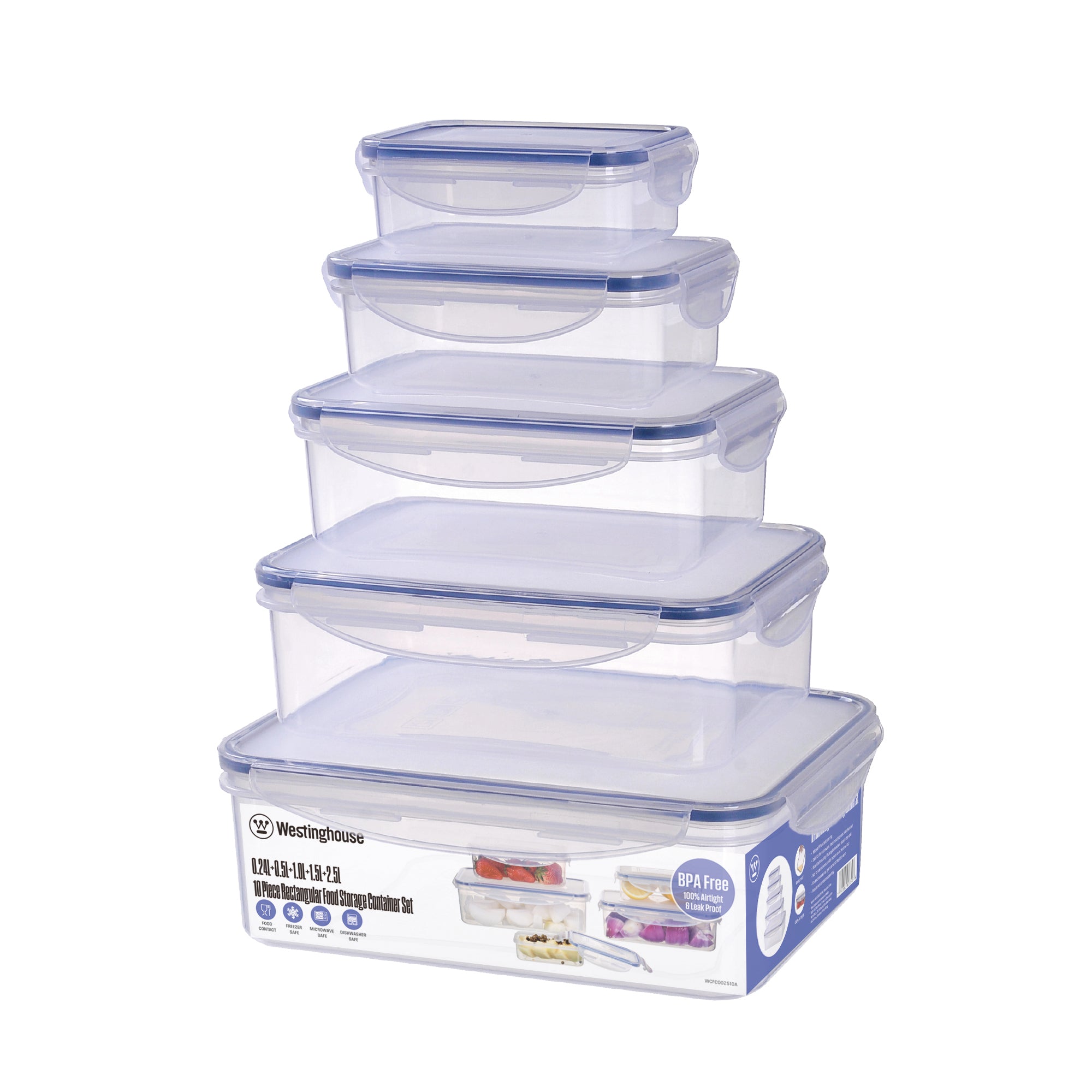 Set de 5 tapers Rectangulares Herméticos – 0.24L a 2.5L- Apto Microondas y Freezer