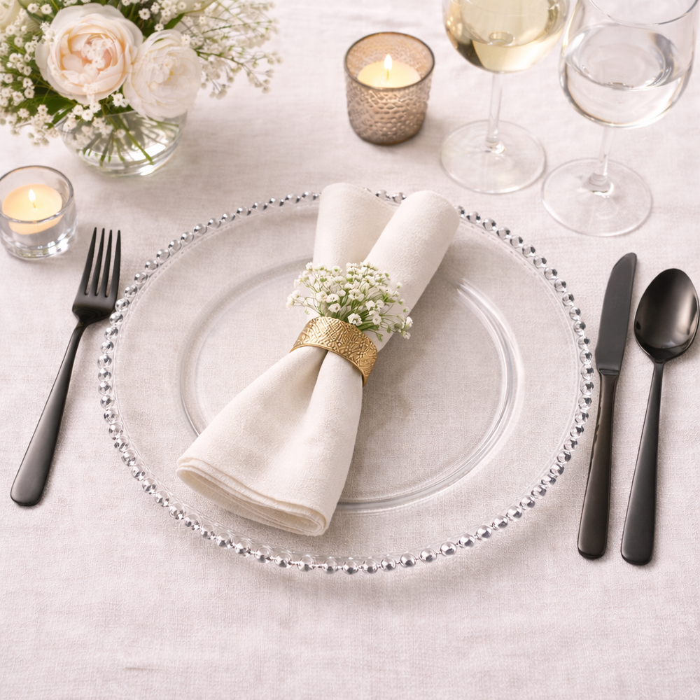 Set de 6 Platos de Sitio Cristal Borde de Perlas transparente