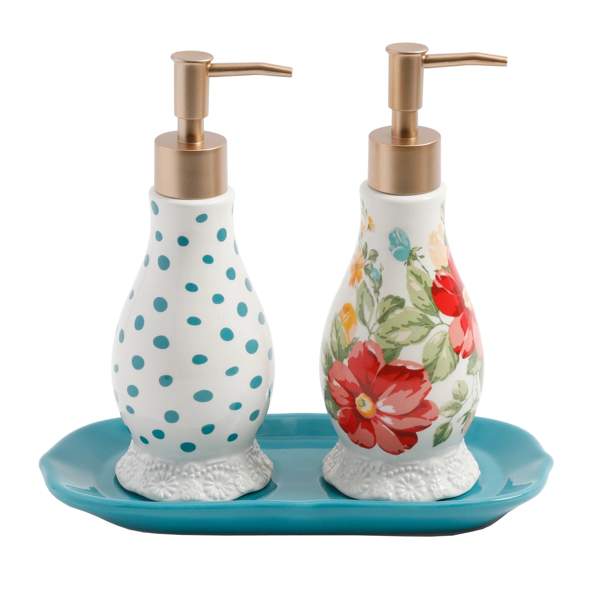 Set de Dispensadores de Jabón y Loción con Bandeja – Diseño Floral de Gres Vintage