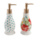 Set de Dispensadores de Jabón y Loción con Bandeja – Diseño Floral de Gres Vintage