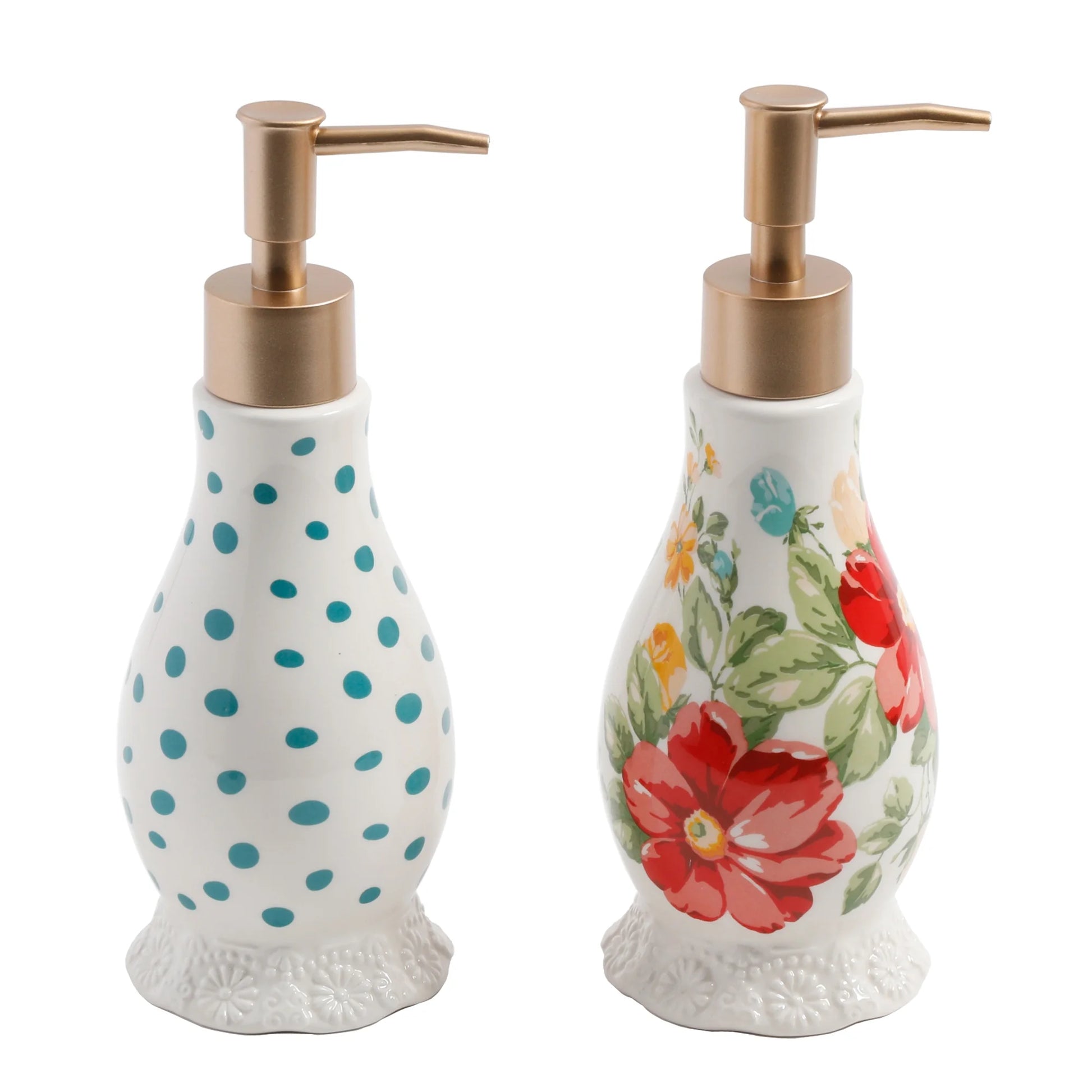 Set de Dispensadores de Jabón y Loción con Bandeja – Diseño Floral de Gres Vintage