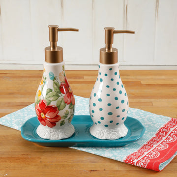 Set de Dispensadores de Jabón y Loción con Bandeja – Diseño Floral de Gres Vintage