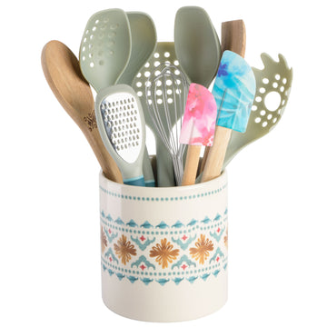 Set de Utensilios de Cocina 12 Piezas Spice – Madera, Nylon y Pote de Cerámica Savory Saffron