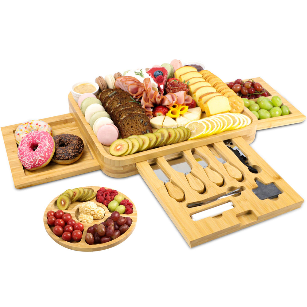 Set de tabla de quesos y embutidos de bambú con accesorios