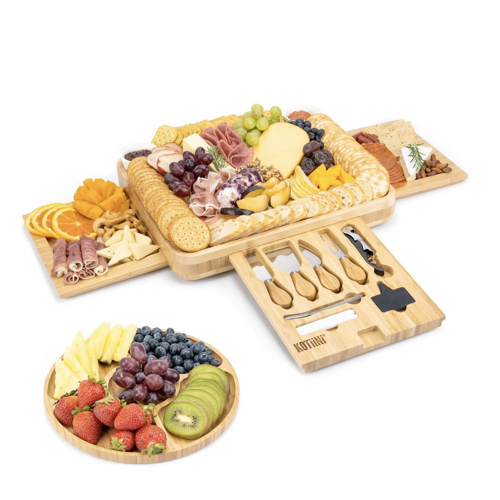 Set de tabla de quesos y embutidos de bambú con accesorios