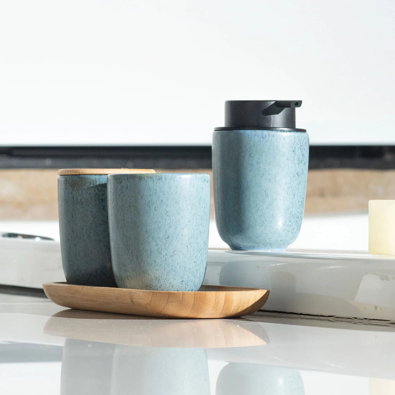 Set para Baño Osaka 3 Piezas de Cerámica azul acerado - Diseño Natural y Elegante