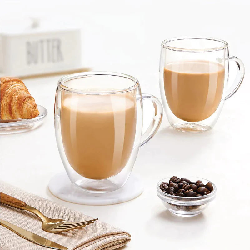 Set x 4 tazas de vidrio doble pared Verona 400 ml · para lattes, infusiones, jugos y más