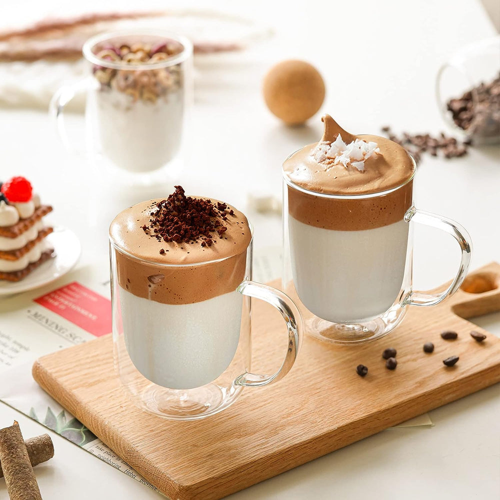 Set x 4 tazas de vidrio doble pared Verona 400 ml · para lattes, infusiones, jugos y más
