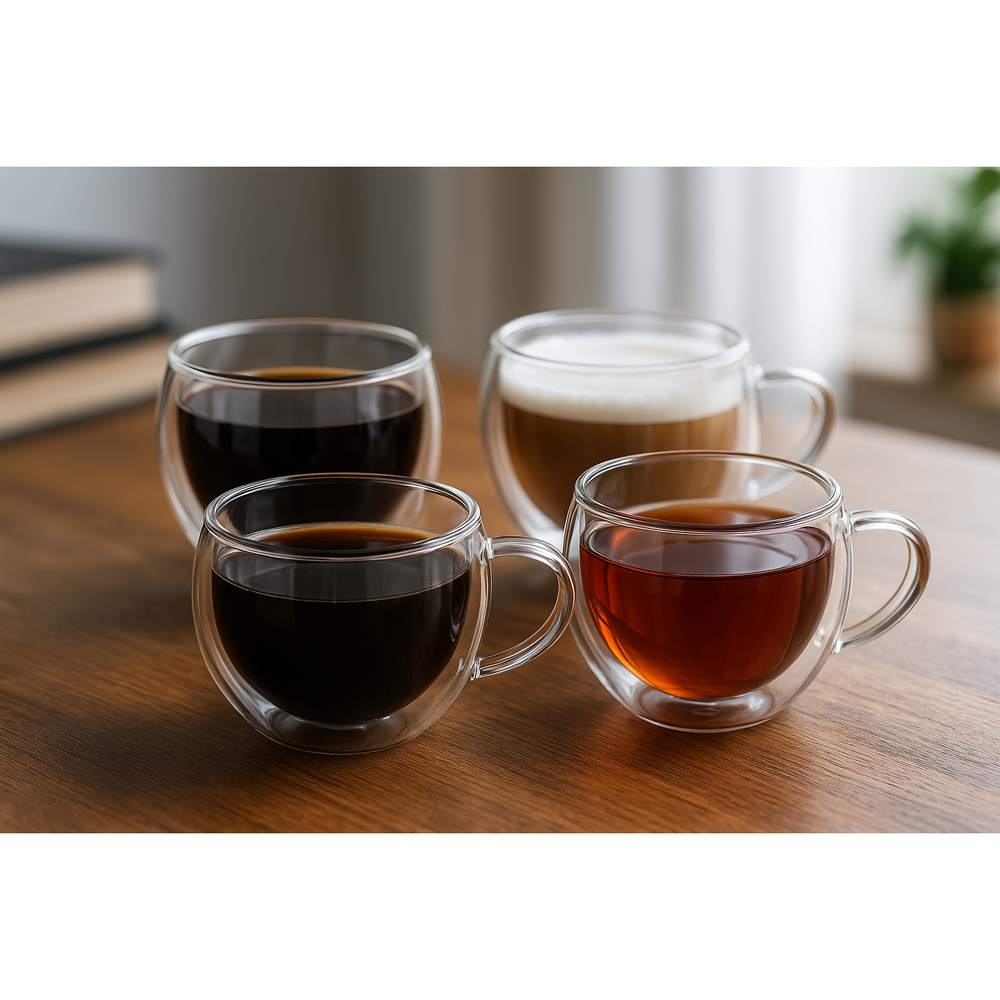 Set x 4 tazas de vidrio doble pared Verona 270 ml · para café, té, bebidas frías y postres