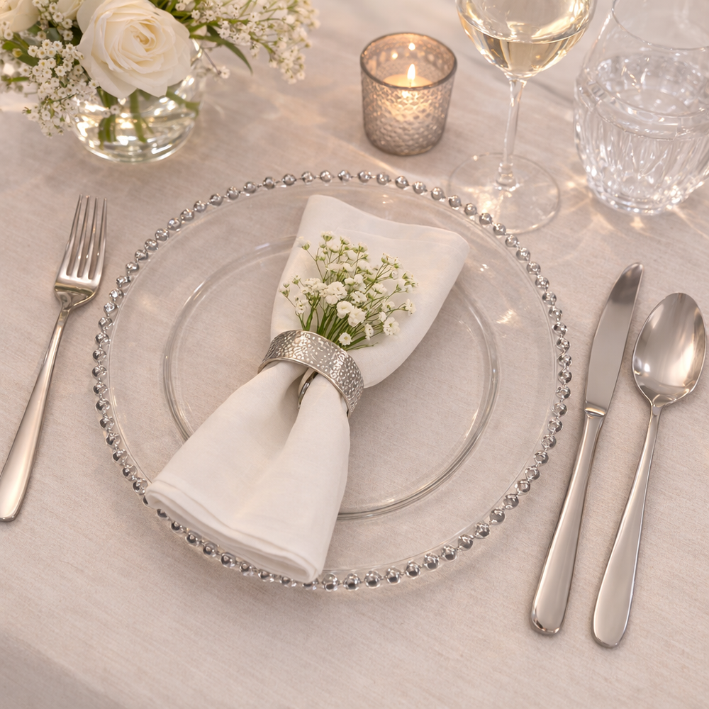Set x 6 platos de sitio cristal borde de perlas plateado