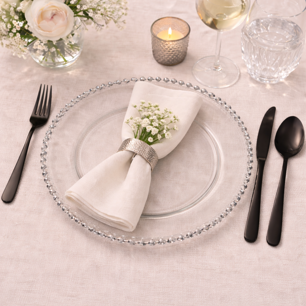 Set x 6 platos de sitio cristal borde de perlas plateado