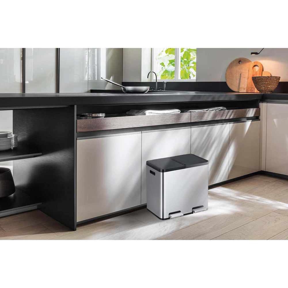 Tacho de Basura Reciclaje EKO Essential 22L+22L Acero Inoxidable Antihuella – Separador de Residuos sin Contacto y Doble Pedal