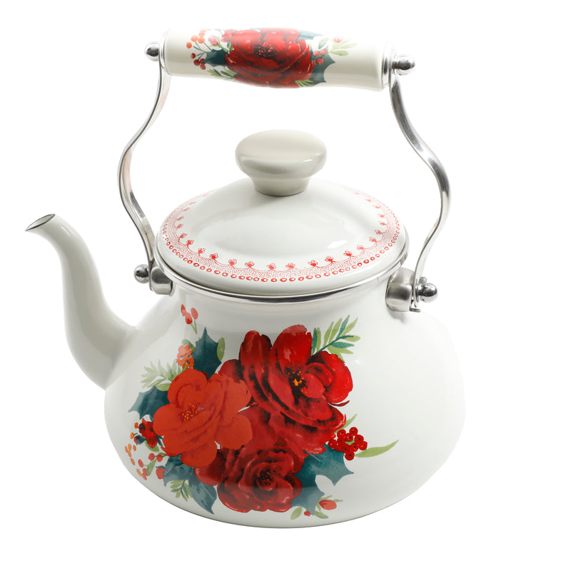 Tetera de Acero Esmaltada 1.9 L Cheerful Rose – Diseño Floral Clásico en Blanco