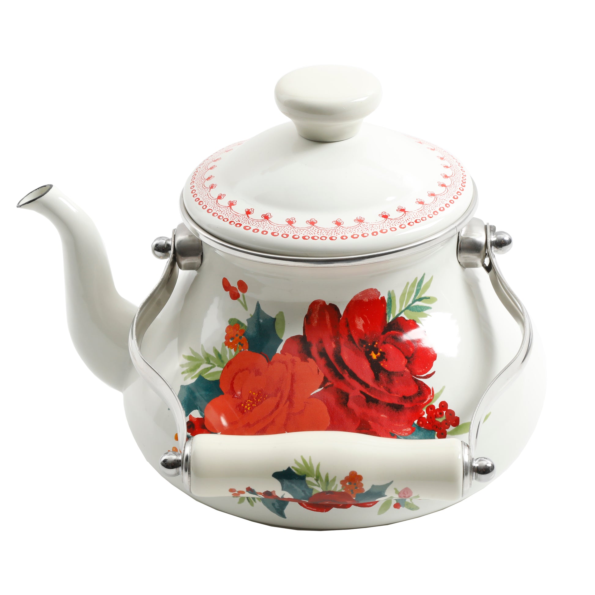 Tetera de Acero Esmaltada 1.9 L Cheerful Rose – Diseño Floral Clásico en Blanco
