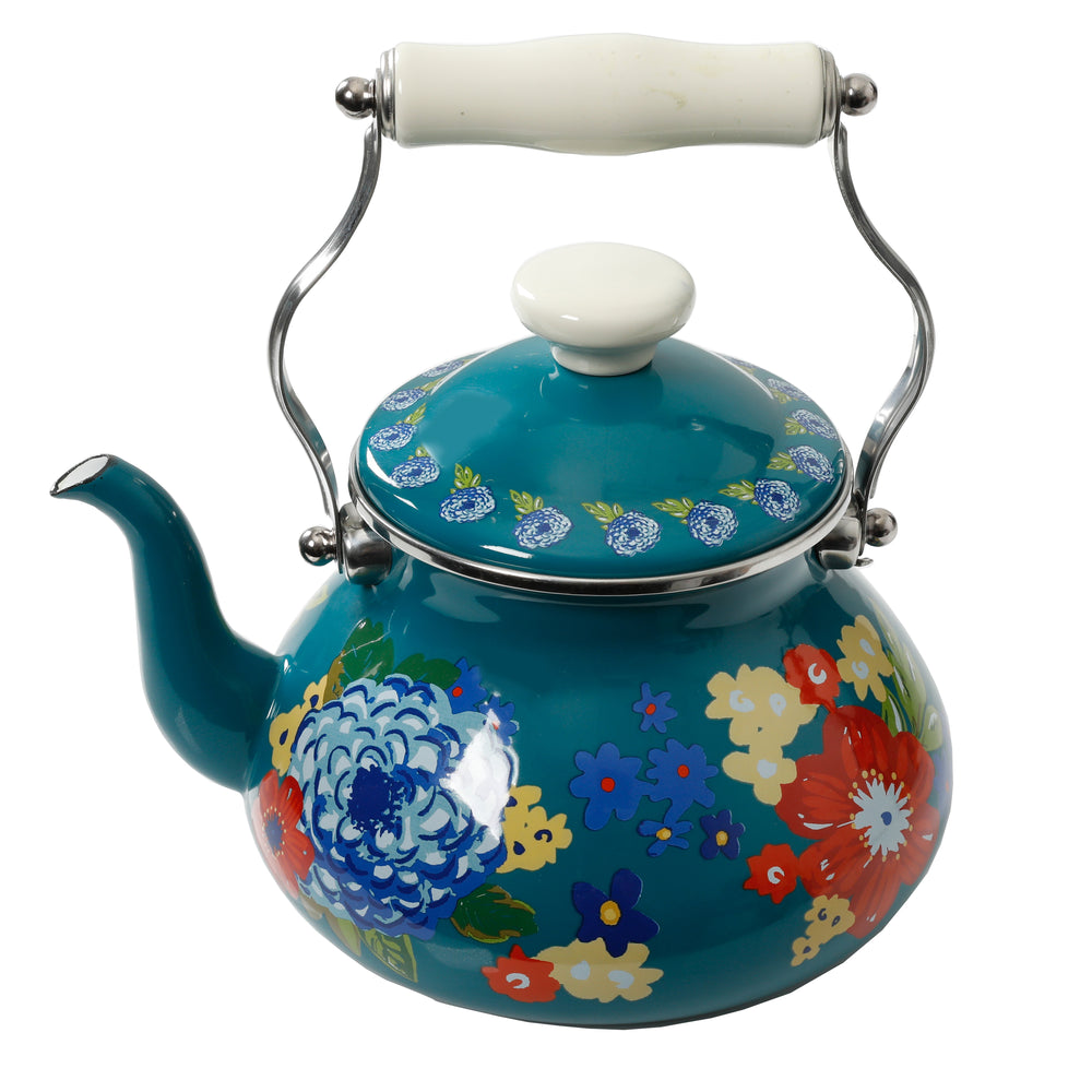 Tetera de Acero Esmaltado 1.9 L Dazzling Dahlias – Estilo Vintage en Teal