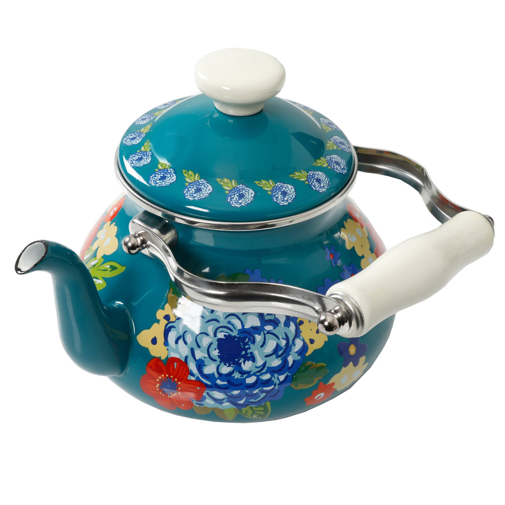 Tetera de Acero Esmaltado 1.9 L Dazzling Dahlias – Estilo Vintage en Teal