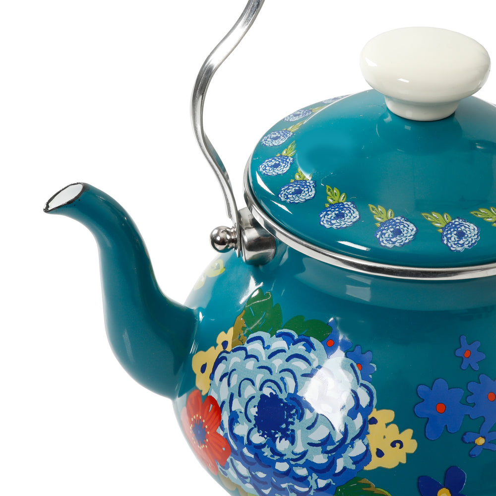 Tetera de Acero Esmaltado 1.9 L Dazzling Dahlias – Estilo Vintage en Teal