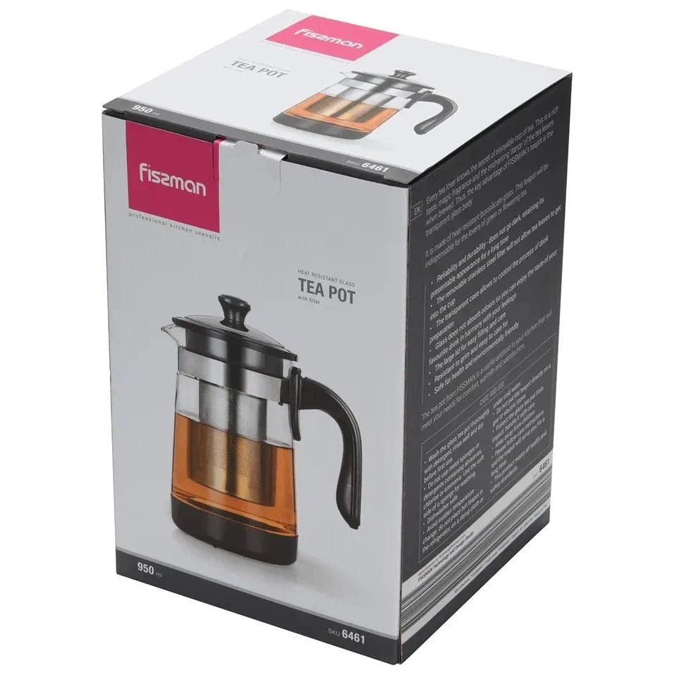 Tetera de vidrio borosilicato 950 ml con filtro inox
