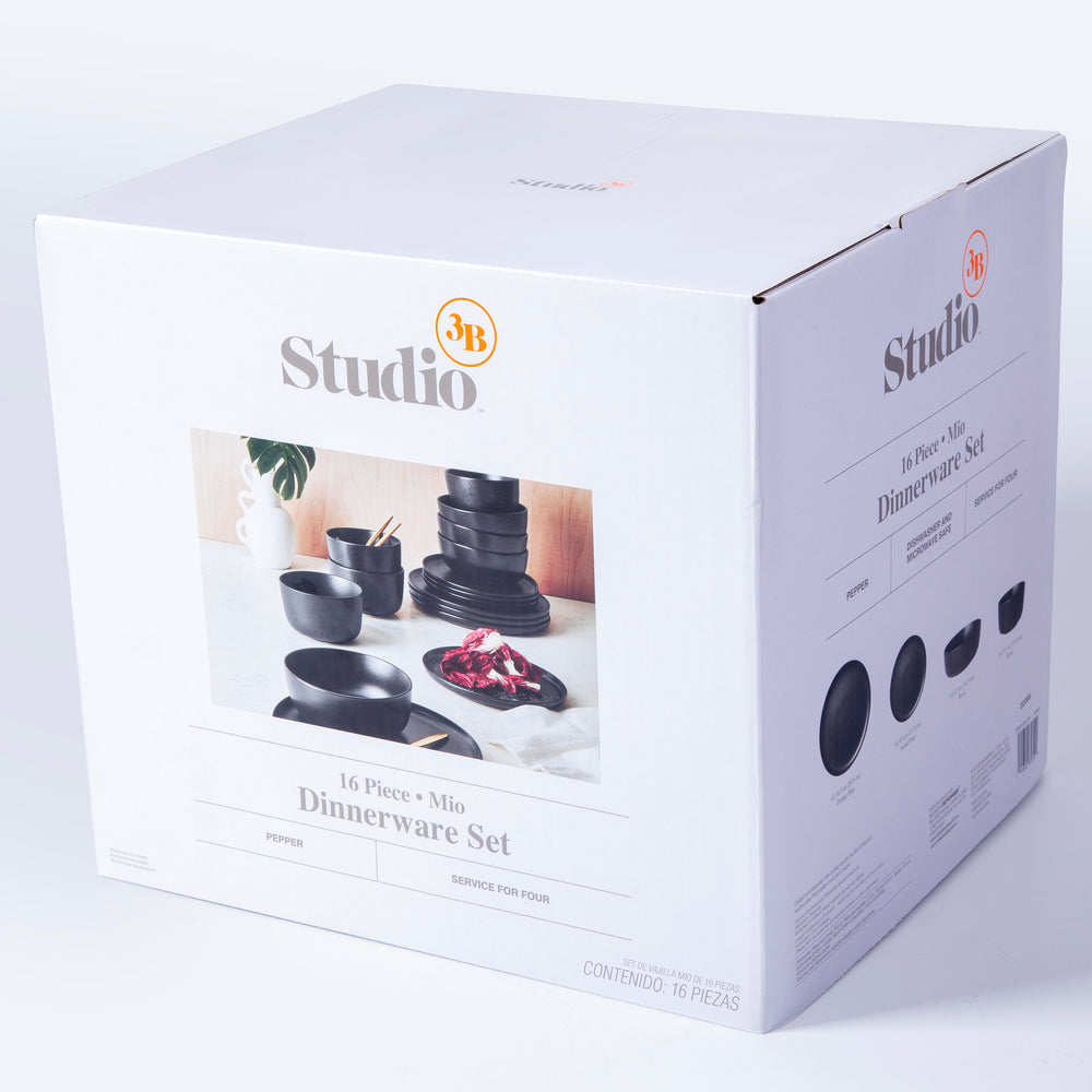 Vajilla de Gres Negra 16 Piezas Studio 3B Mio – Acabado Brillante con Esmalte Reactivo
