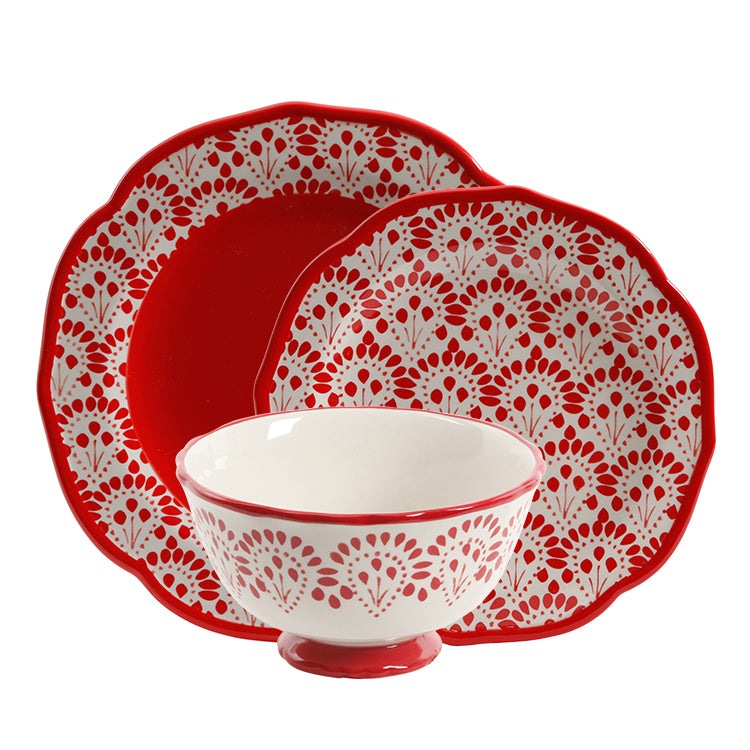 Vajilla de Gres Roja 12 Piezas Betsy rojo – Diseño Vintage con Bordes Ondulados