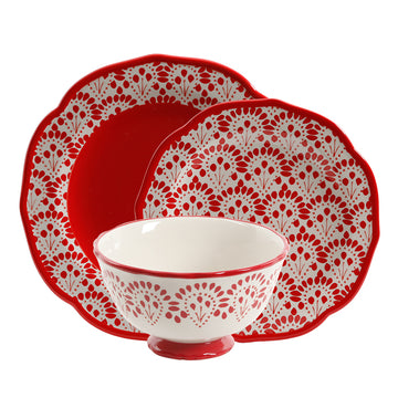 Vajilla de Gres Roja 12 Piezas Betsy rojo – Diseño Vintage con Bordes Ondulados