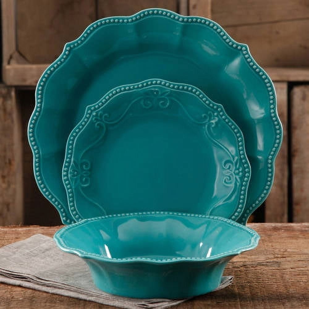 Vajilla de Gres Turquesa 12 Piezas Paige – Diseño Vintage con Relieve y Borde Ondulado