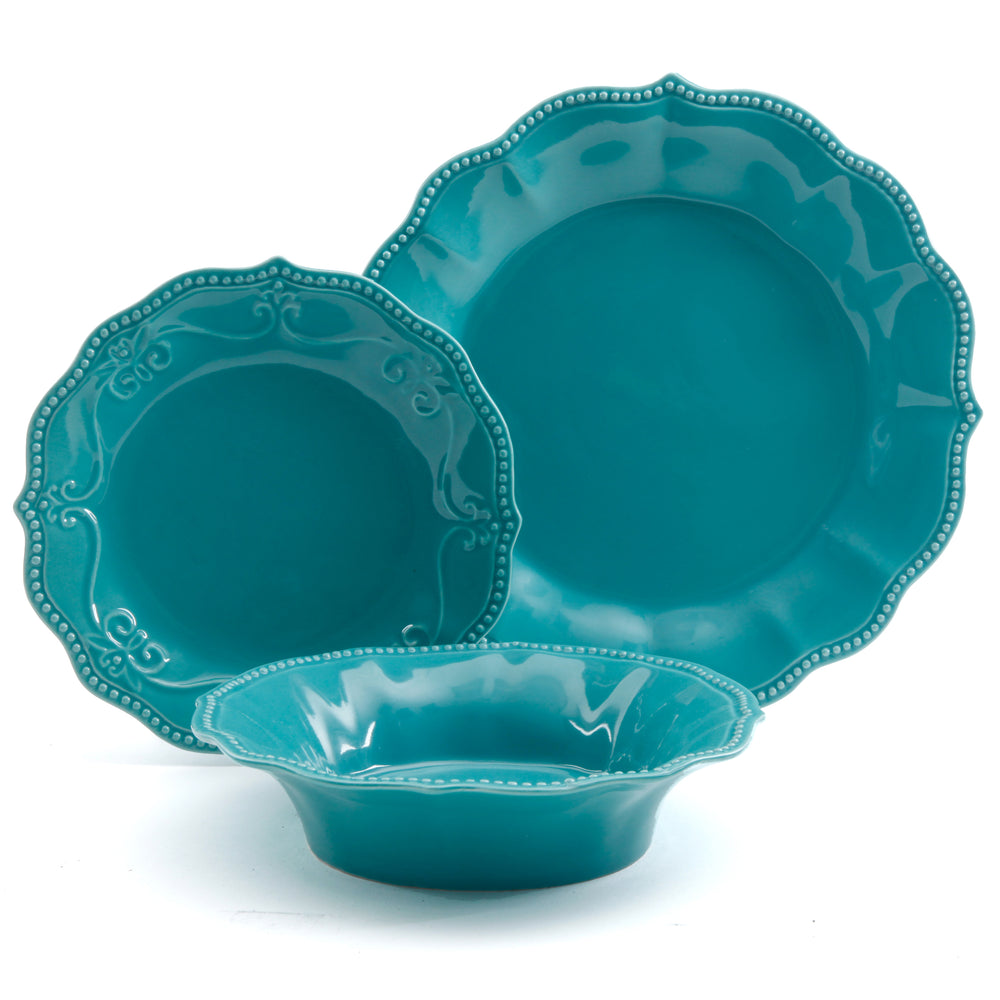 Vajilla de Gres Turquesa 12 Piezas Paige – Diseño Vintage con Relieve y Borde Ondulado
