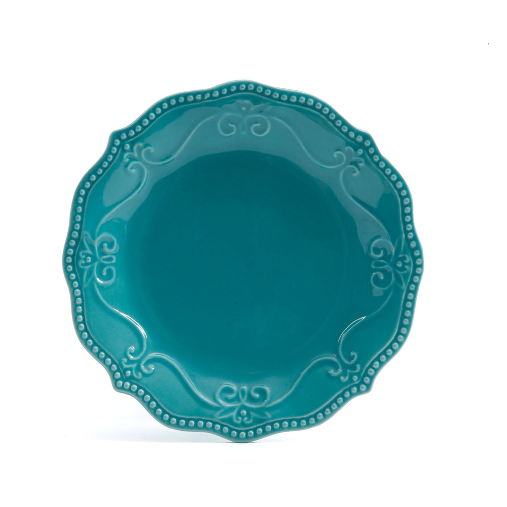 Vajilla de Gres Turquesa 12 Piezas Paige – Diseño Vintage con Relieve y Borde Ondulado