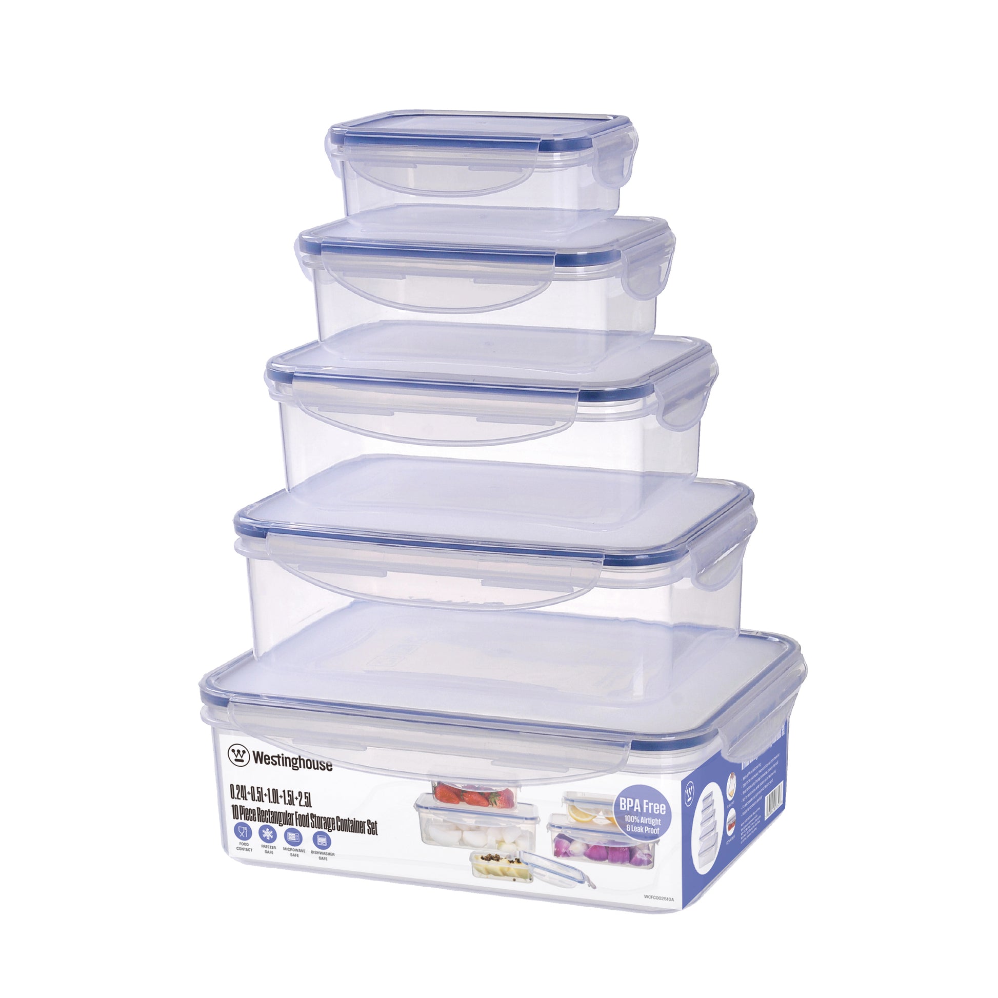 Set de 5 tapers Rectangulares Herméticos – 0.24L a 2.5L- Apto Microondas y Freezer