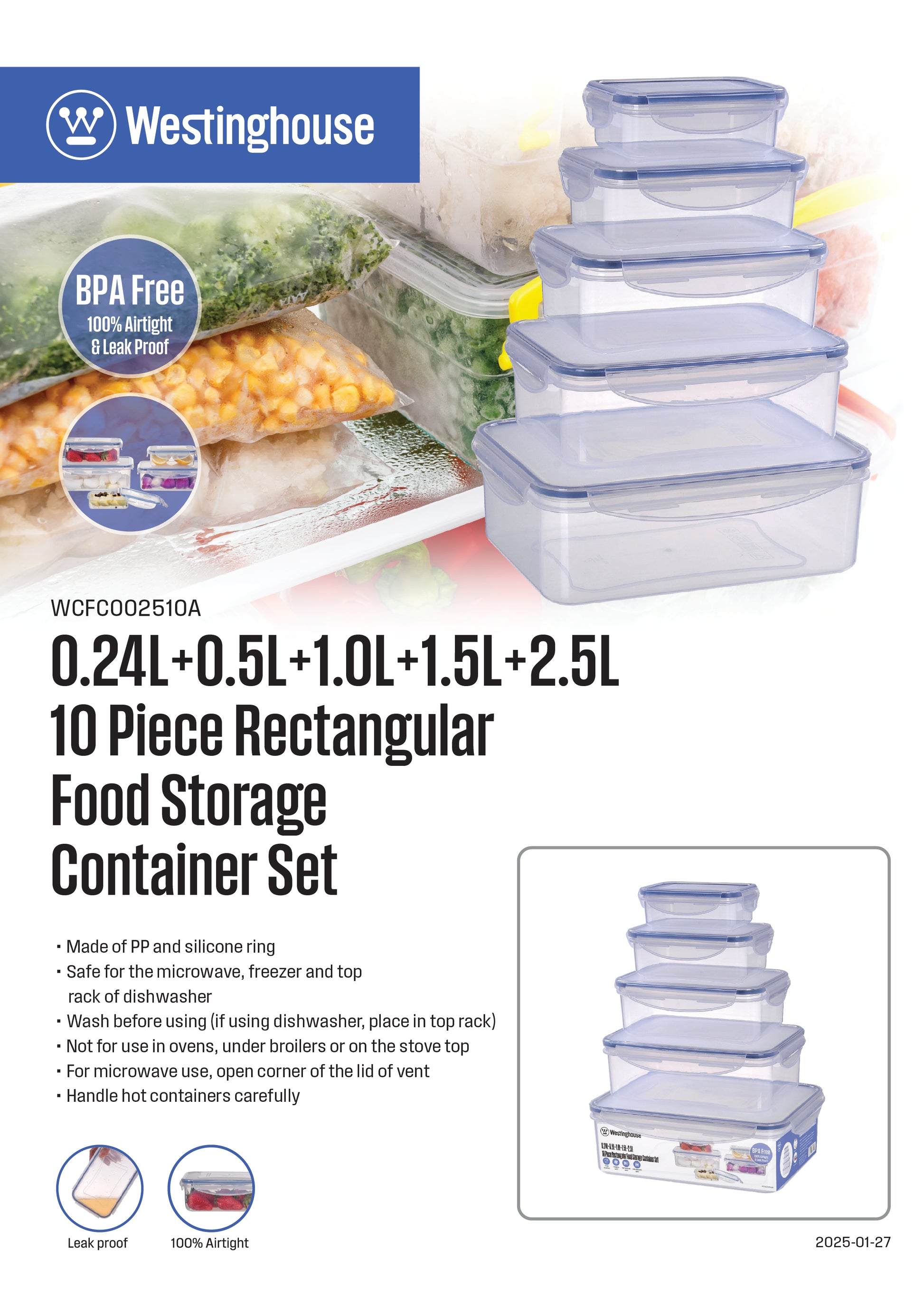 Set de 5 tapers Rectangulares Herméticos – 0.24L a 2.5L- Apto Microondas y Freezer
