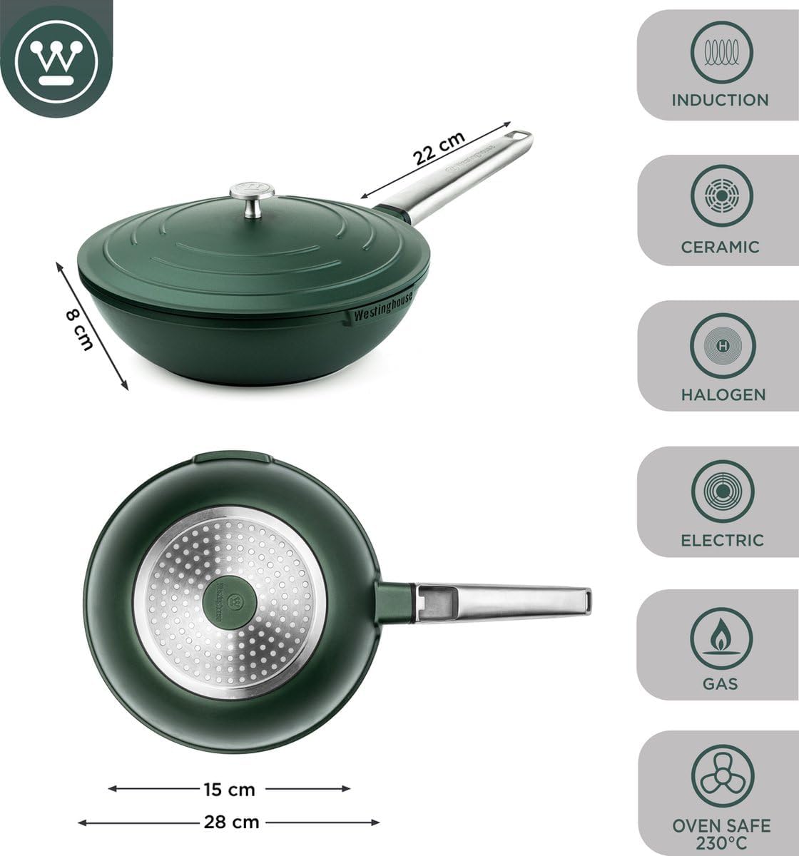 Wok 28cm antiadherente Performance QuanTanium con tapa verde