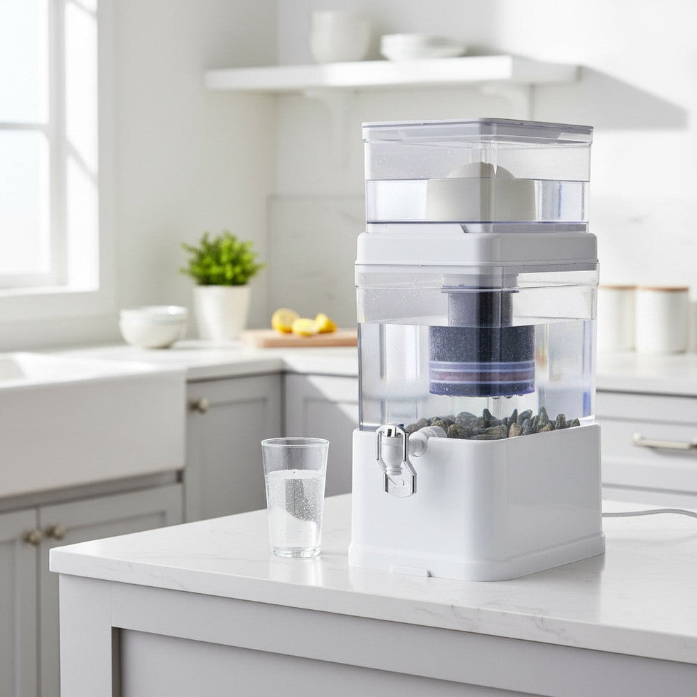 Dispensador de agua Rumah casa blanco con sistema de filtración de varias etapas sobre encimera de cocina moderna.