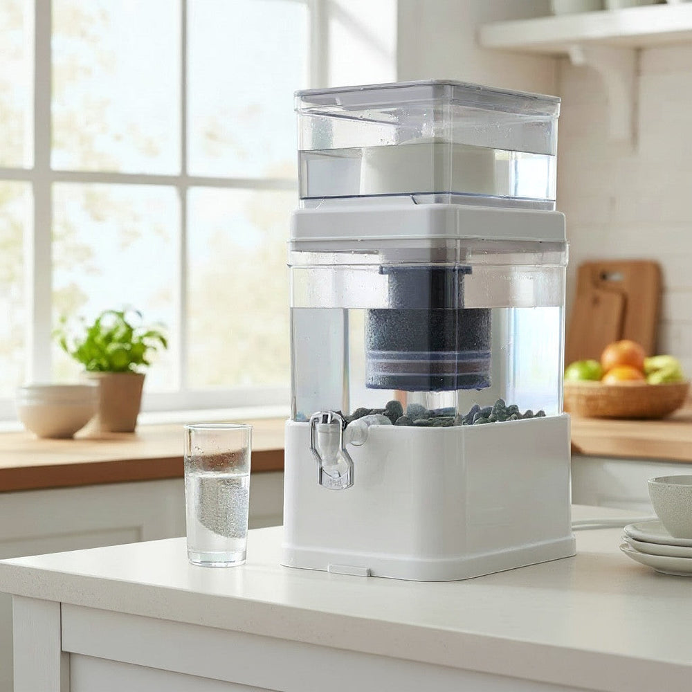 Dispensador de agua Rumah casa con sistema de filtración de doble compartimento y grifo en encimera de cocina blanca.