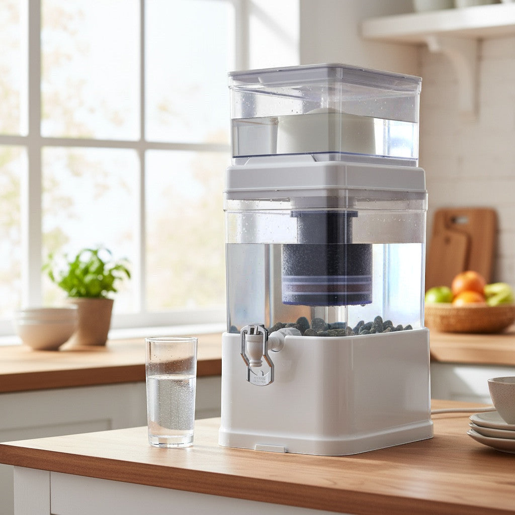 Dispensador de agua con sistema de filtración Rumah casa de color blanco sobre encimera de cocina con vaso de agua.