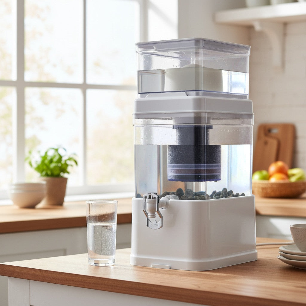 Dispensador de agua con sistema de filtración Rumah casa de color blanco sobre encimera de cocina con vaso de agua.