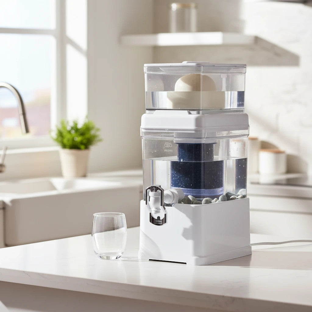 Sistema purificador de agua Bevant de 5L de Rumah casa, con filtración por gravedad y piedras minerales en cocina.