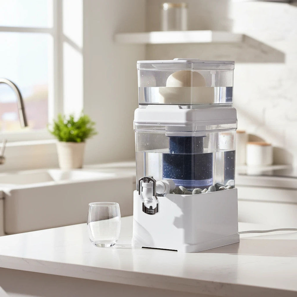 Sistema purificador de agua Bevant de 5L con filtración por gravedad de 7 etapas en una cocina moderna.