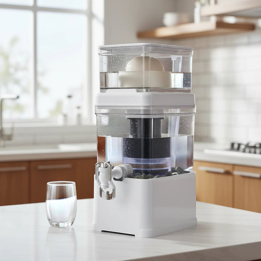 Sistema purificador de agua Bevant de 5L con filtración por gravedad, diseño compacto en blanco para cocina Rumah casa