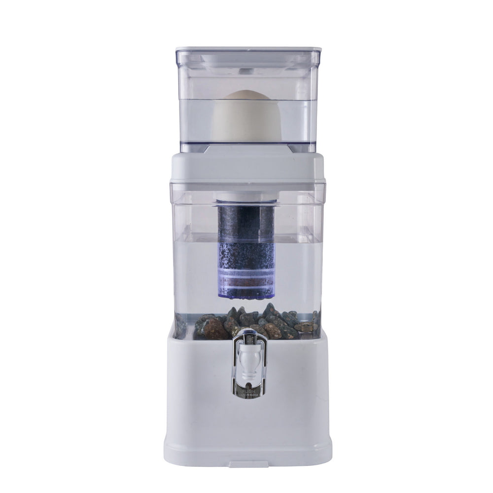 Purificador de agua por gravedad Rumah casa de 10 litros con filtro cerámico, cartucho avanzado y piedras minerales.