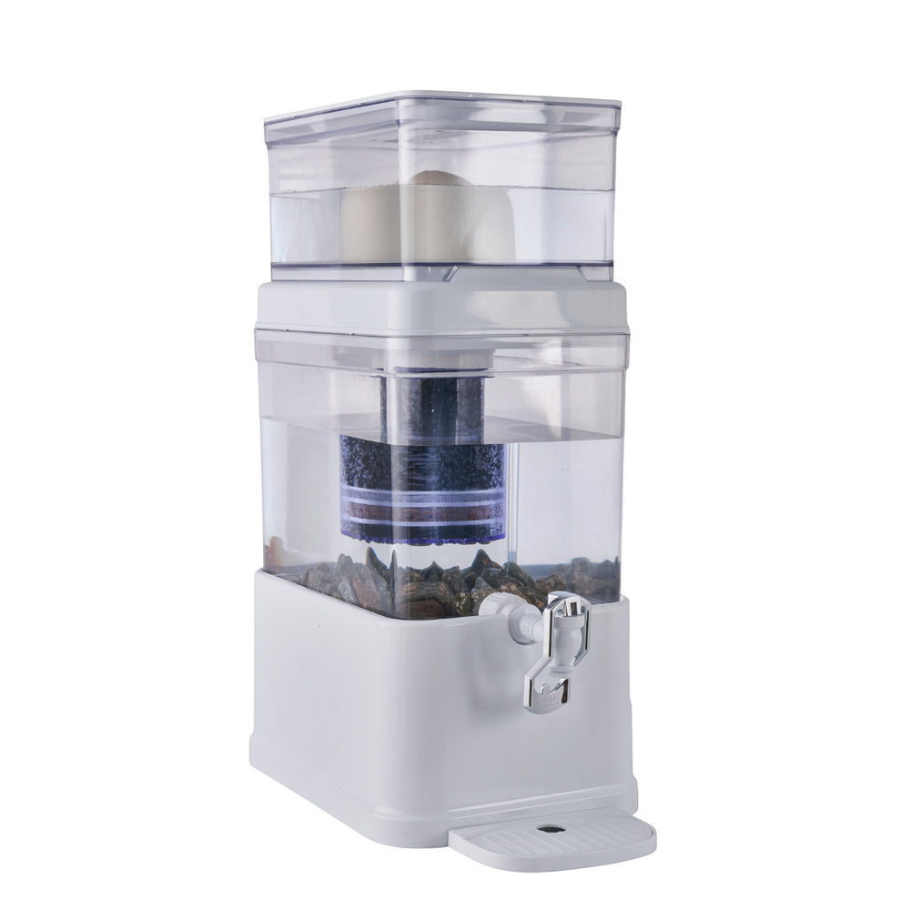 Purificador de agua por gravedad BEVANT de 10 litros con sistema de filtración de 7 etapas y base blanca de Rumah casa